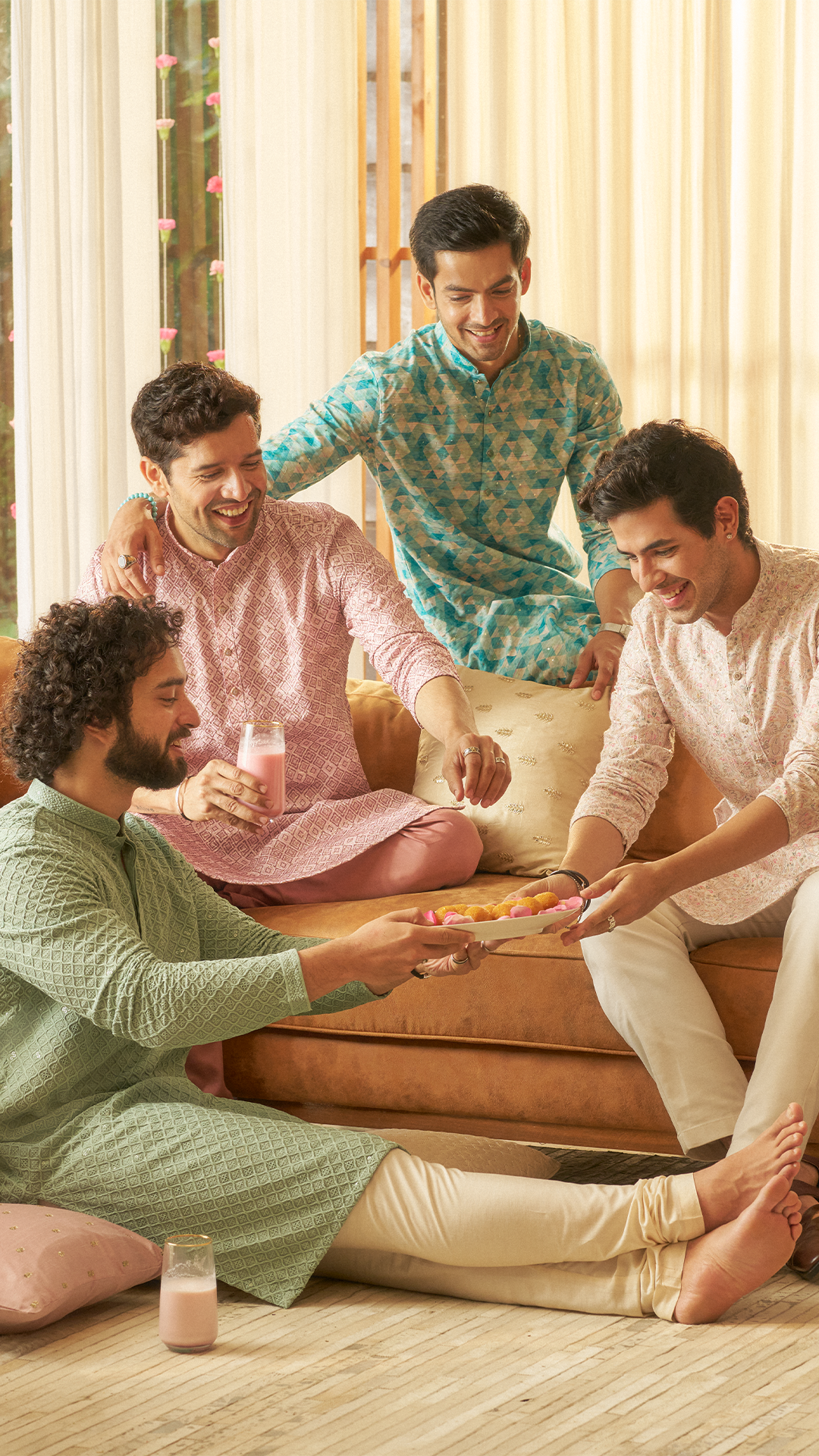 group of mens wearing colourfull kurtas on traditional indian festival